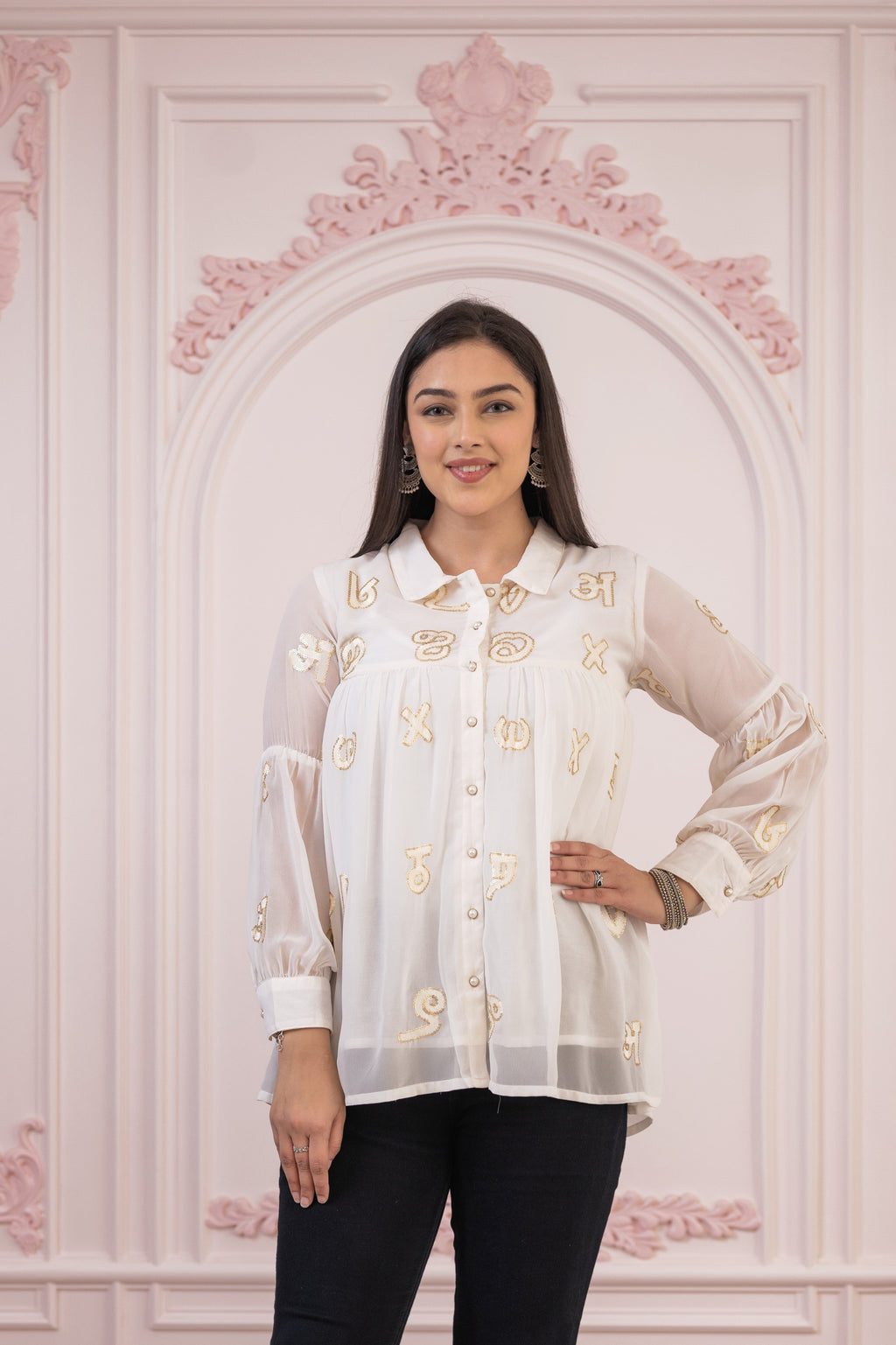 Juniper White embroiderd and sequince tunic with buttons