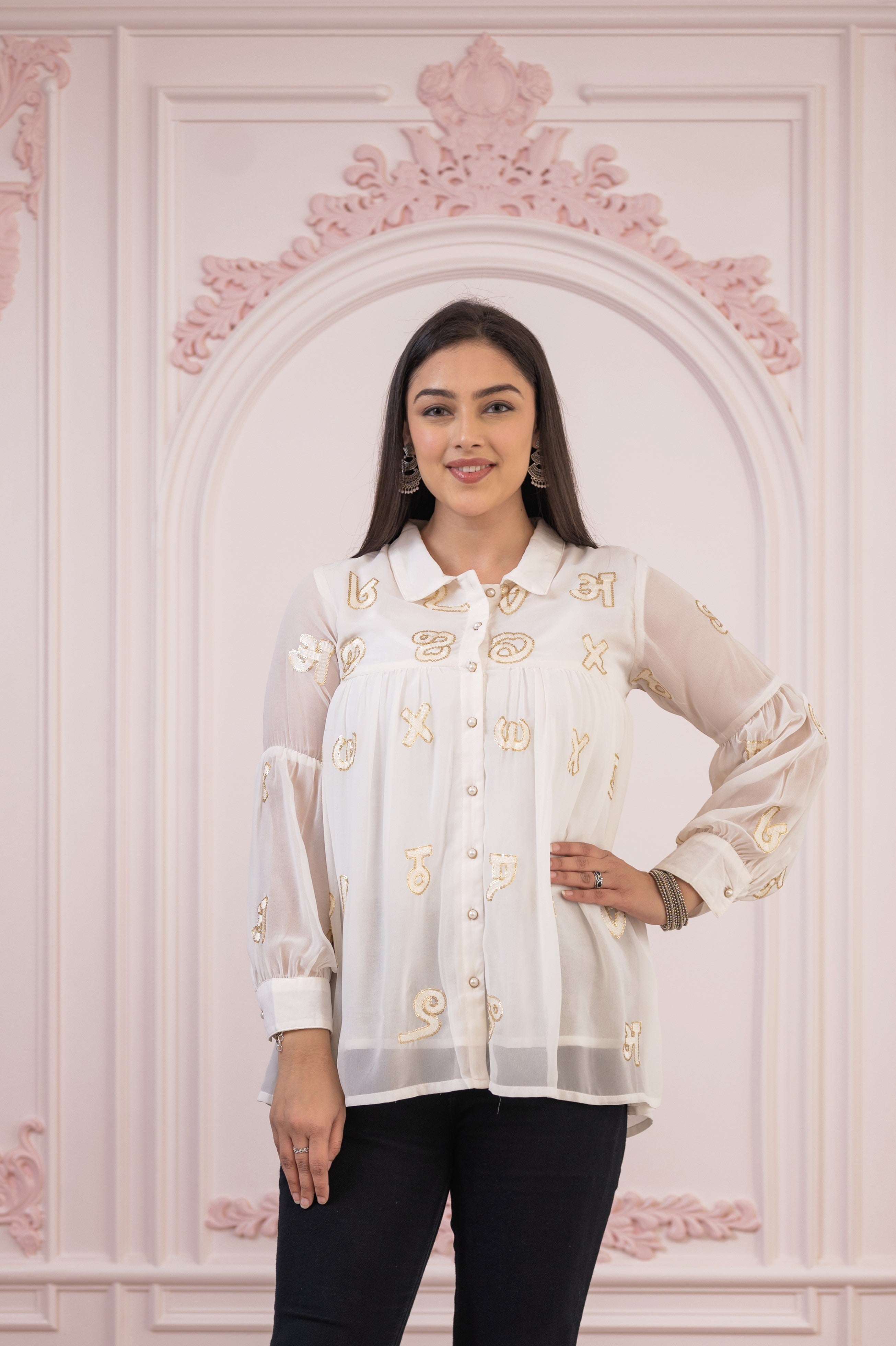 Juniper White embroiderd and sequince tunic with buttons
