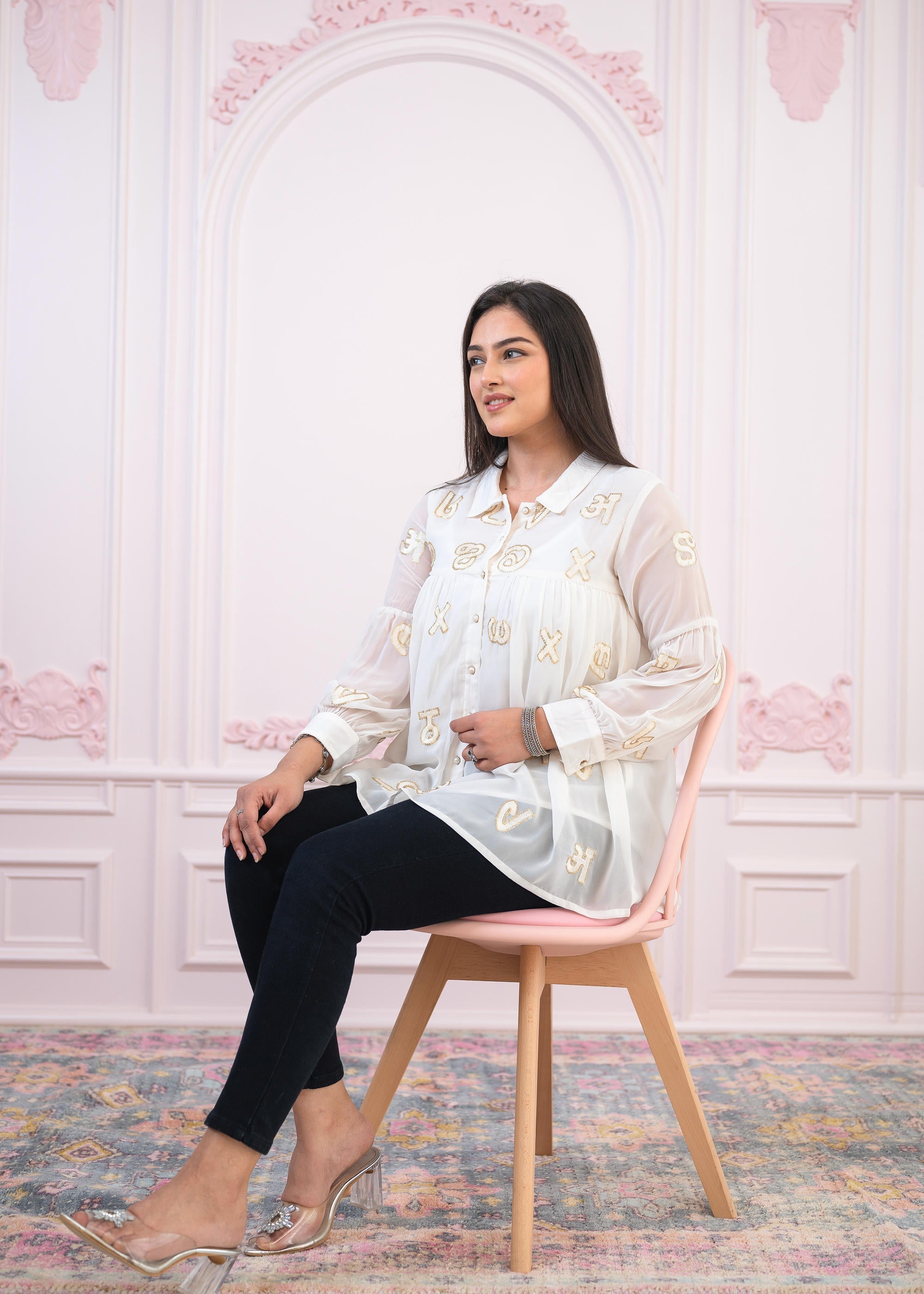 Juniper White embroiderd and sequince tunic with buttons