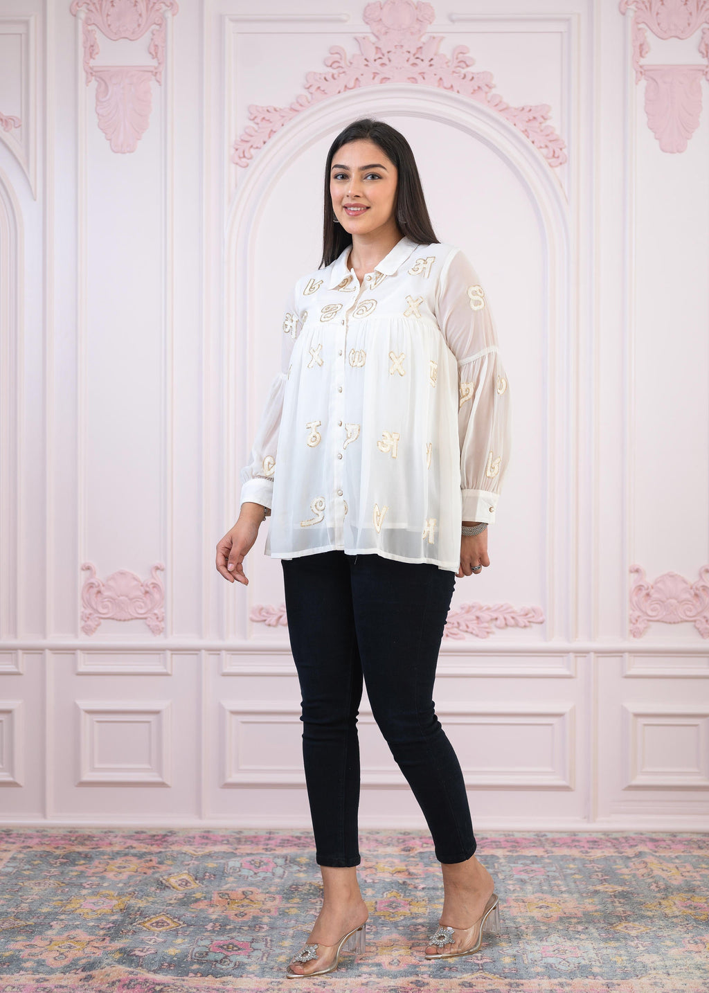 Juniper White embroiderd and sequince tunic with buttons