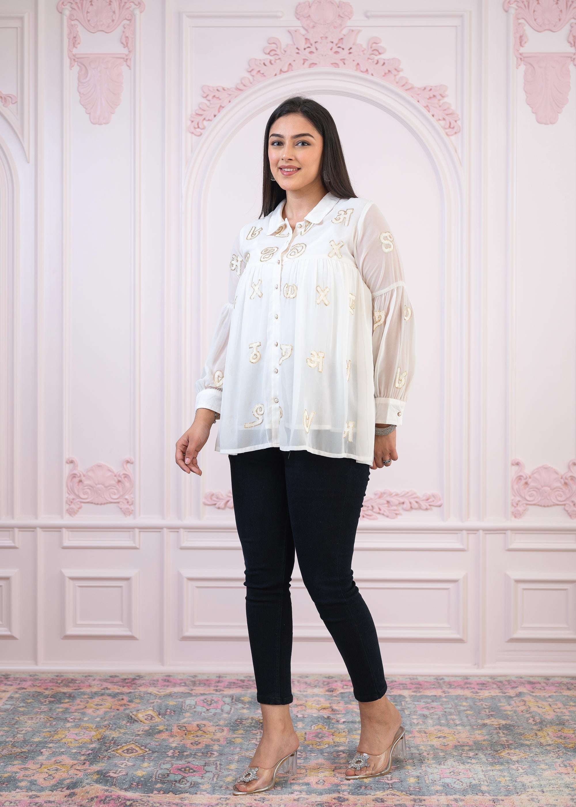 Juniper White embroiderd and sequince tunic with buttons