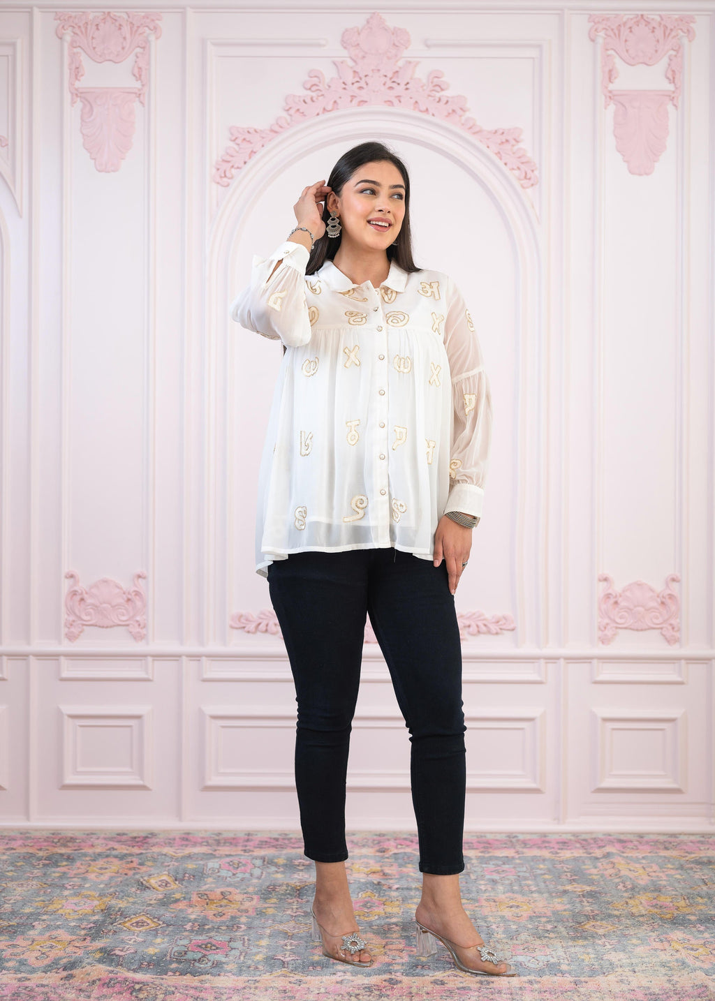 Juniper White embroiderd and sequince tunic with buttons