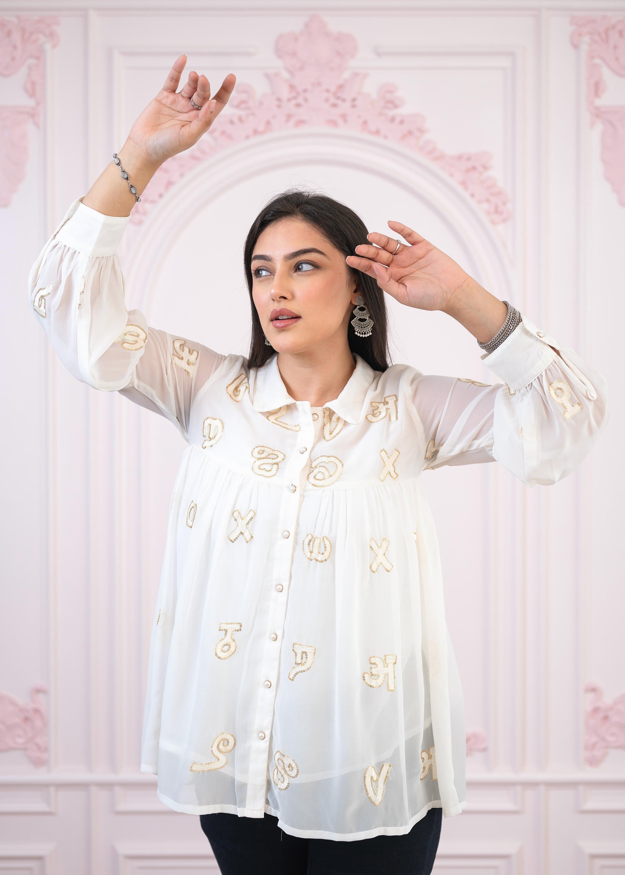 Juniper White embroiderd and sequince tunic with buttons