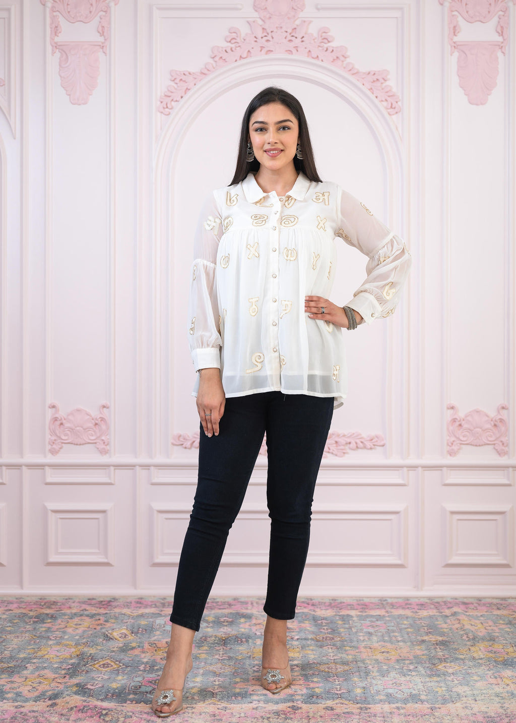 Juniper White embroiderd and sequince tunic with buttons