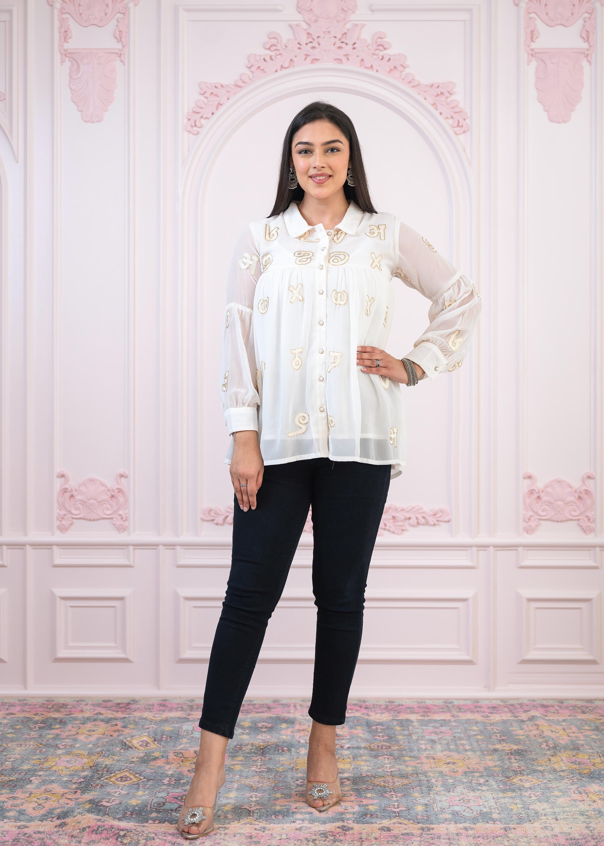 Juniper White embroiderd and sequince tunic with buttons