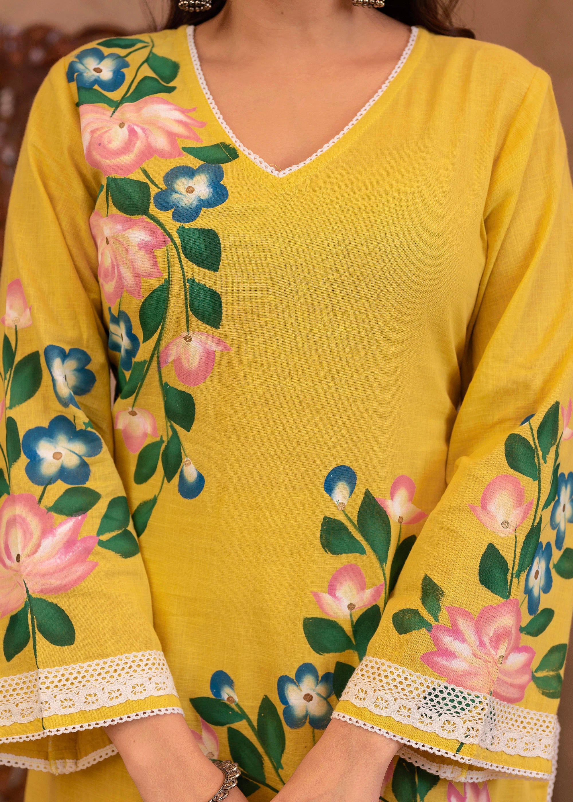 Juniper Yellow Cotton Slub Floral Printed Kurta-Pant & Dupatta Set With Lace Work - Distacart