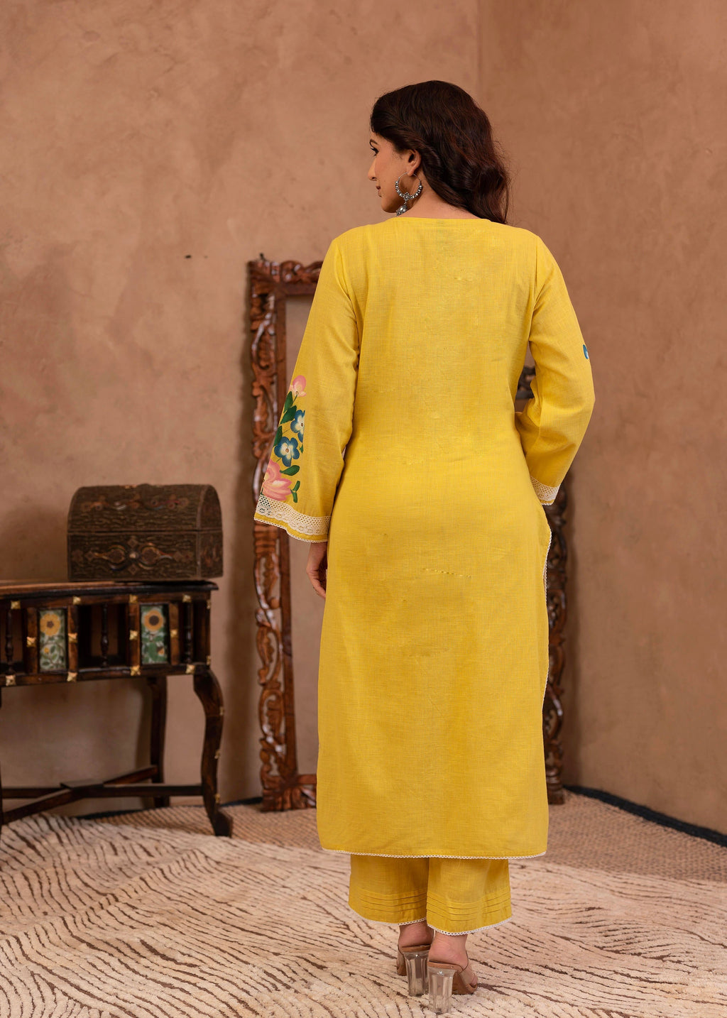 Juniper Yellow Cotton Slub Floral Printed Kurta-Pant & Dupatta Set With Lace Work - Distacart