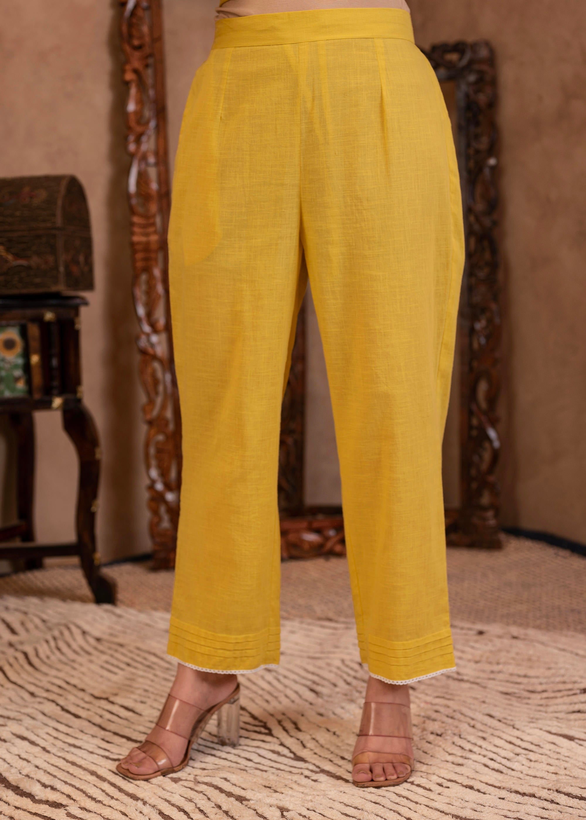 Juniper Yellow Cotton Slub Floral Printed Kurta-Pant & Dupatta Set With Lace Work - Distacart