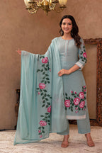 Juniper Sky Blue Cotton Slub Floral Printed Kurta-Pant & Dupatta Set With Lace, Thread Work & Button Closure - Distacart