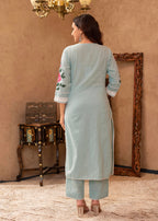 Juniper Sky Blue Cotton Slub Floral Printed Kurta-Pant & Dupatta Set With Lace, Thread Work & Button Closure - Distacart