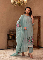 Juniper Sky Blue Cotton Slub Floral Printed Kurta-Pant & Dupatta Set With Lace, Thread Work & Button Closure - Distacart