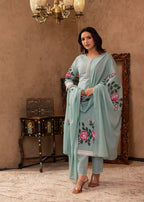 Juniper Sky Blue Cotton Slub Floral Printed Kurta-Pant & Dupatta Set With Lace, Thread Work & Button Closure - Distacart