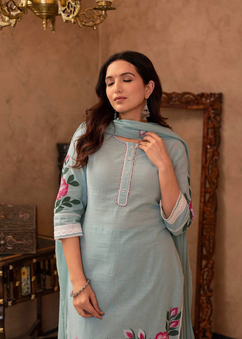 Juniper Sky Blue Cotton Slub Floral Printed Kurta-Pant & Dupatta Set With Lace, Thread Work & Button Closure - Distacart