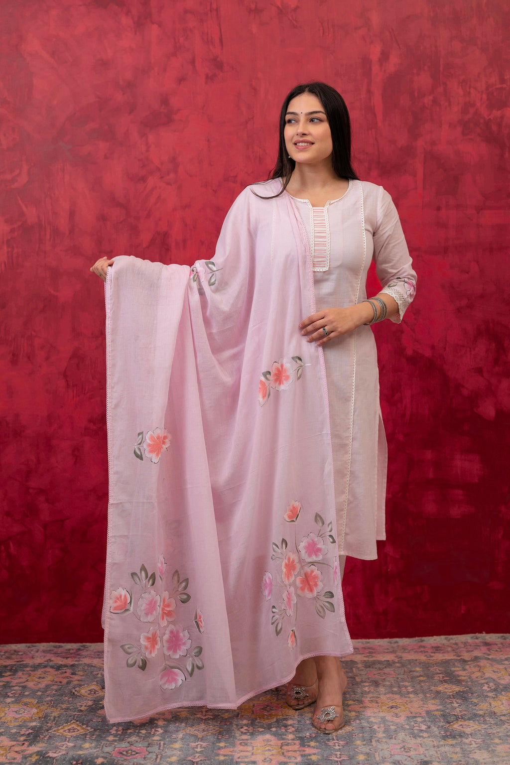 Juniper Lavender Cotton Slub Kurta-Pant Set With Lace Work & Floral Print Dupatta - Distacart