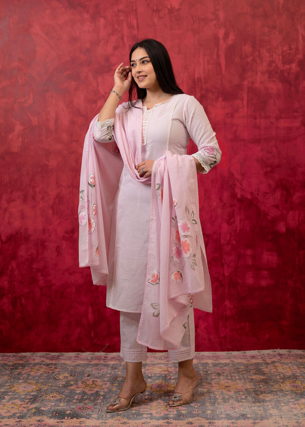 Juniper Lavender Cotton Slub Kurta-Pant Set With Lace Work & Floral Print Dupatta - Distacart