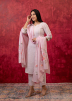 Juniper Lavender Cotton Slub Kurta-Pant Set With Lace Work & Floral Print Dupatta - Distacart