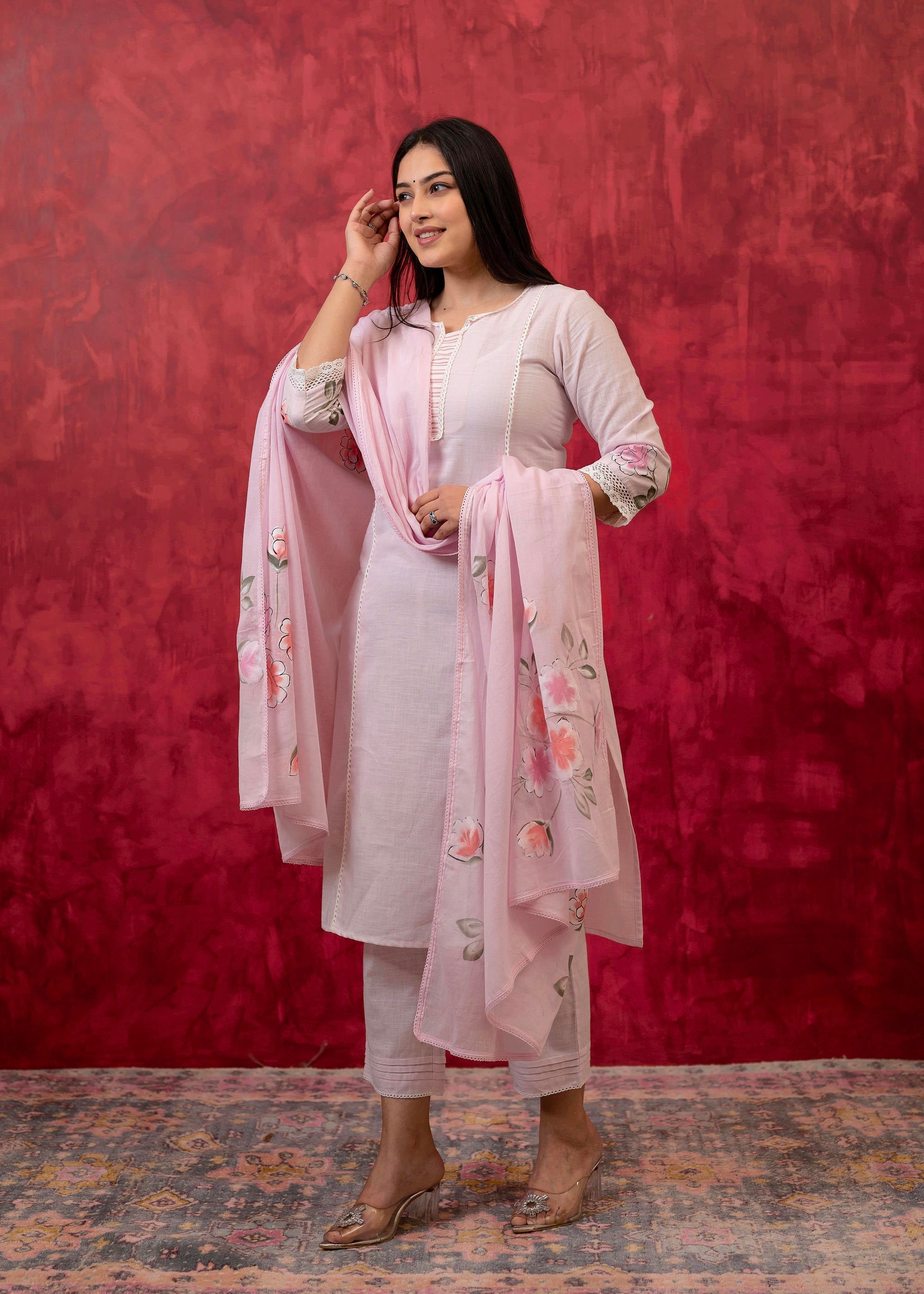 Juniper Lavender Cotton Slub Kurta-Pant Set With Lace Work & Floral Print Dupatta - Distacart