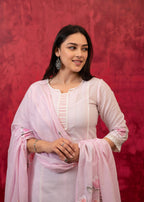 Juniper Lavender Cotton Slub Kurta-Pant Set With Lace Work & Floral Print Dupatta - Distacart