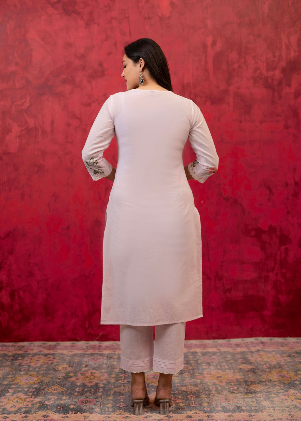 Juniper Lavender Cotton Slub Kurta-Pant Set With Lace Work & Floral Print Dupatta - Distacart