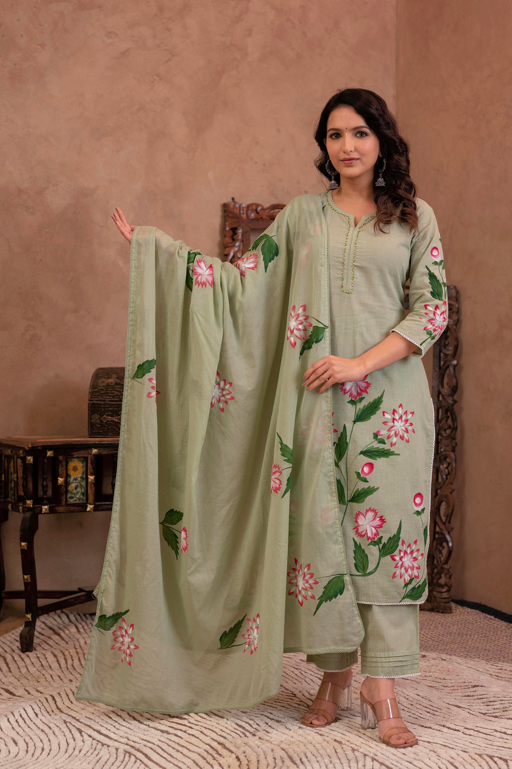 Juniper Mint Cotton Slub Floral Printed Kurta-Pant & Dupatta Set With Lace, Sequins & Bead Work - Distacart
