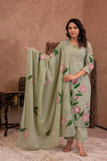 Juniper Mint Cotton Slub Floral Printed Kurta-Pant & Dupatta Set With Lace, Sequins & Bead Work - Distacart