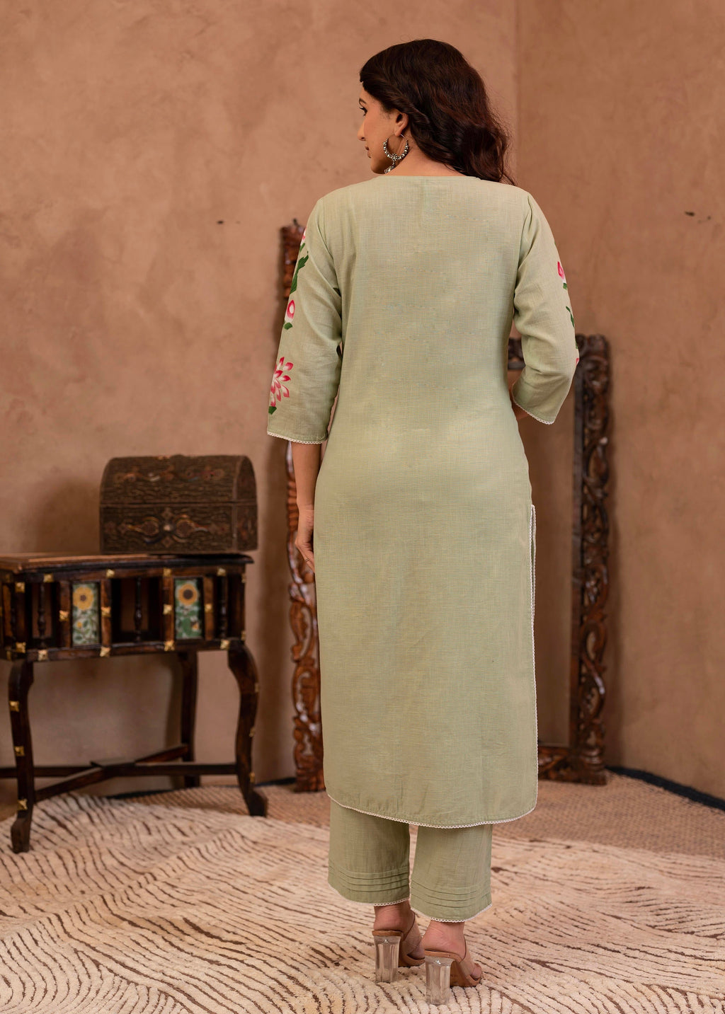 Juniper Mint Cotton Slub Floral Printed Kurta-Pant & Dupatta Set With Lace, Sequins & Bead Work - Distacart