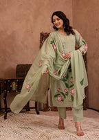 Juniper Mint Cotton Slub Floral Printed Kurta-Pant & Dupatta Set With Lace, Sequins & Bead Work - Distacart