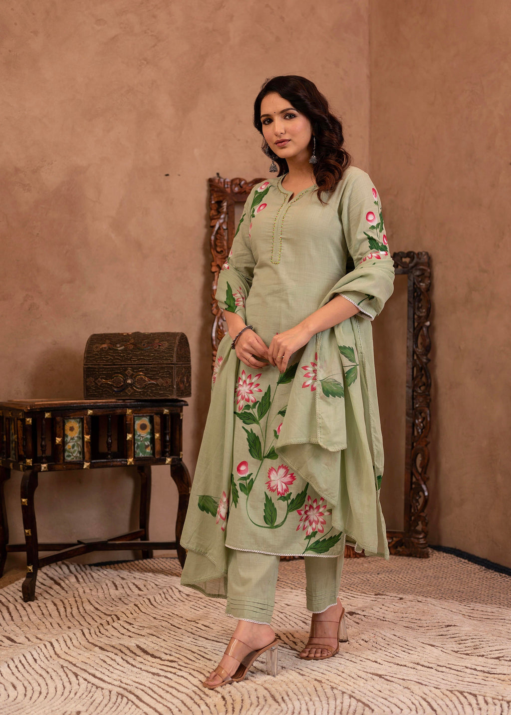 Juniper Mint Cotton Slub Floral Printed Kurta-Pant & Dupatta Set With Lace, Sequins & Bead Work - Distacart