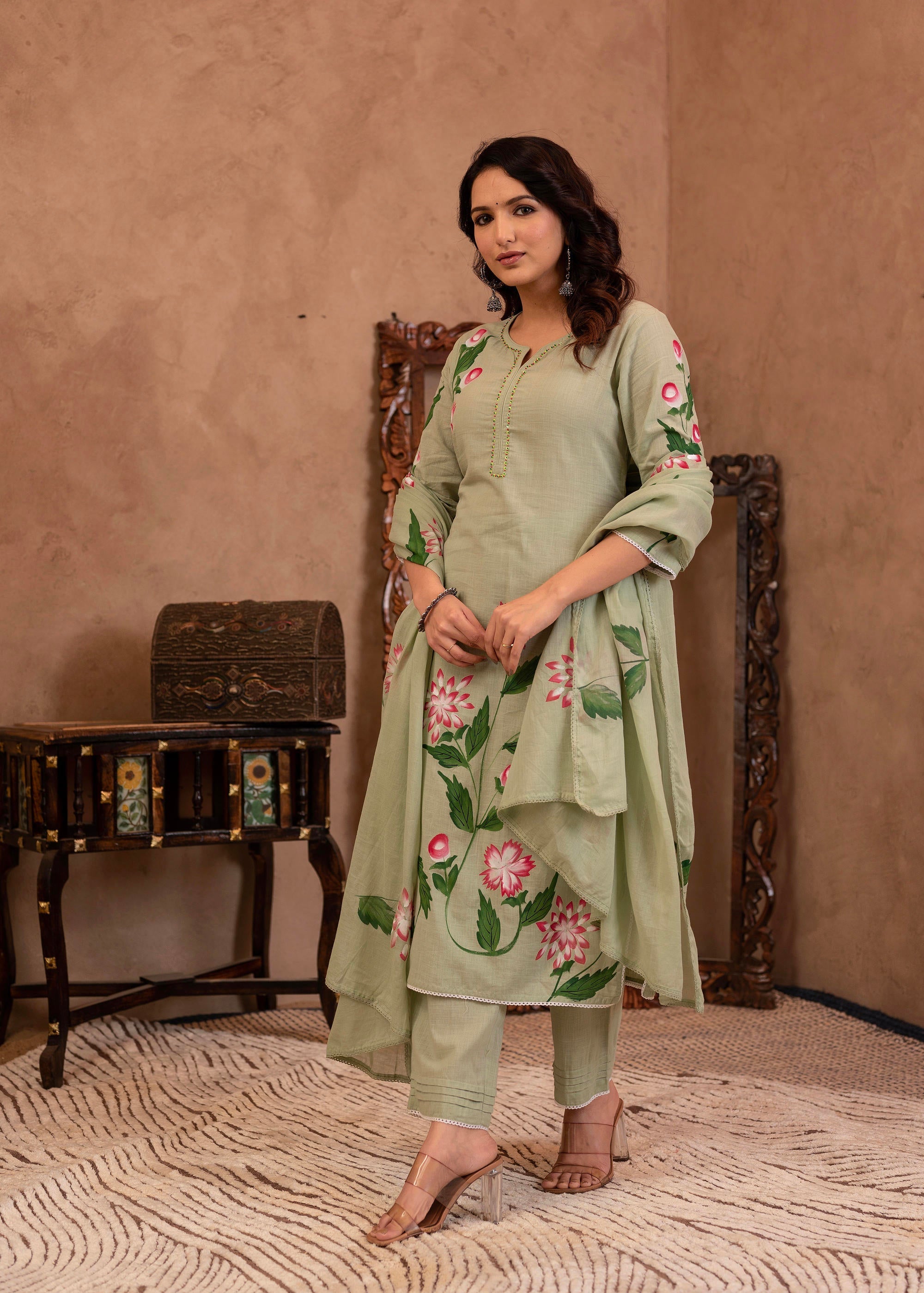 Juniper Mint Cotton Slub Floral Printed Kurta-Pant & Dupatta Set With Lace, Sequins & Bead Work - Distacart