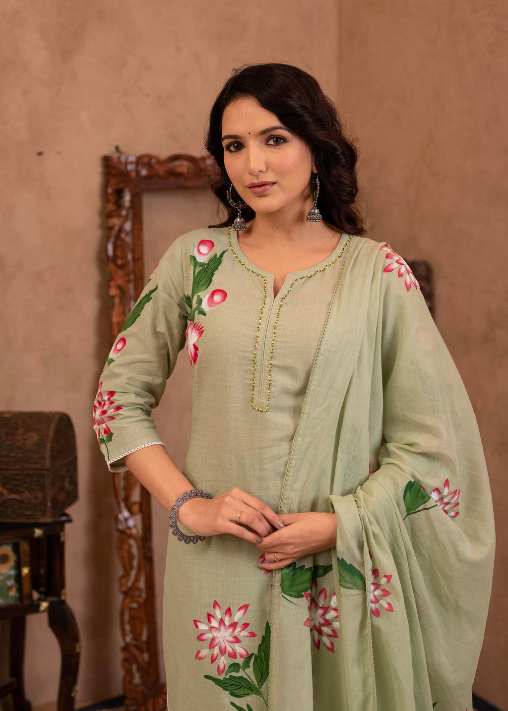 Juniper Mint Cotton Slub Floral Printed Kurta-Pant & Dupatta Set With Lace, Sequins & Bead Work - Distacart