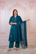 Juniper Teal Festive Kurta Set with Pant & Chiffon Dupatta – Sequin & Zari Detailing - Distacart