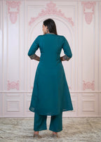 Juniper Teal Festive Kurta Set with Pant & Chiffon Dupatta – Sequin & Zari Detailing - Distacart