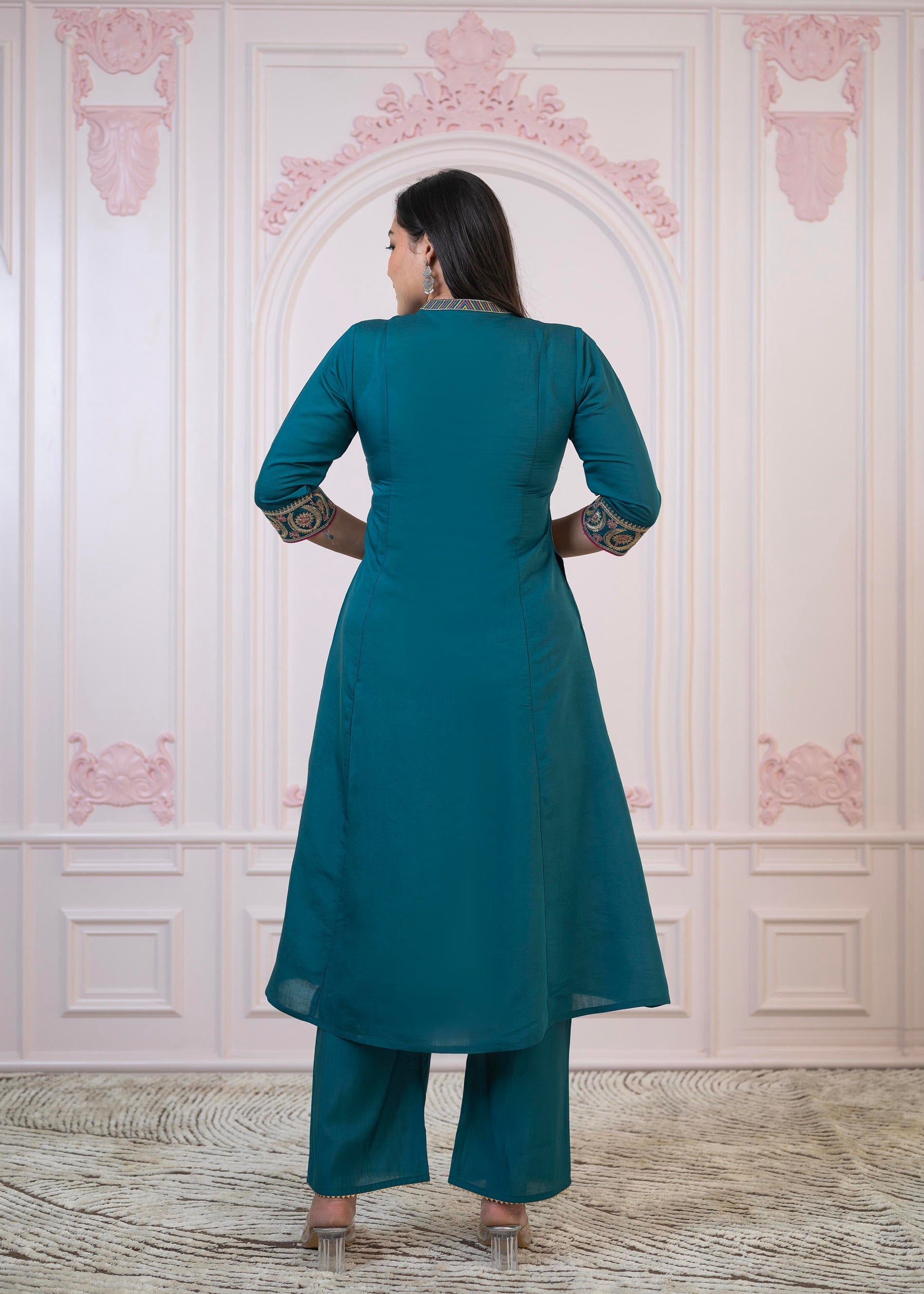 Juniper Teal Festive Kurta Set with Pant & Chiffon Dupatta – Sequin & Zari Detailing - Distacart