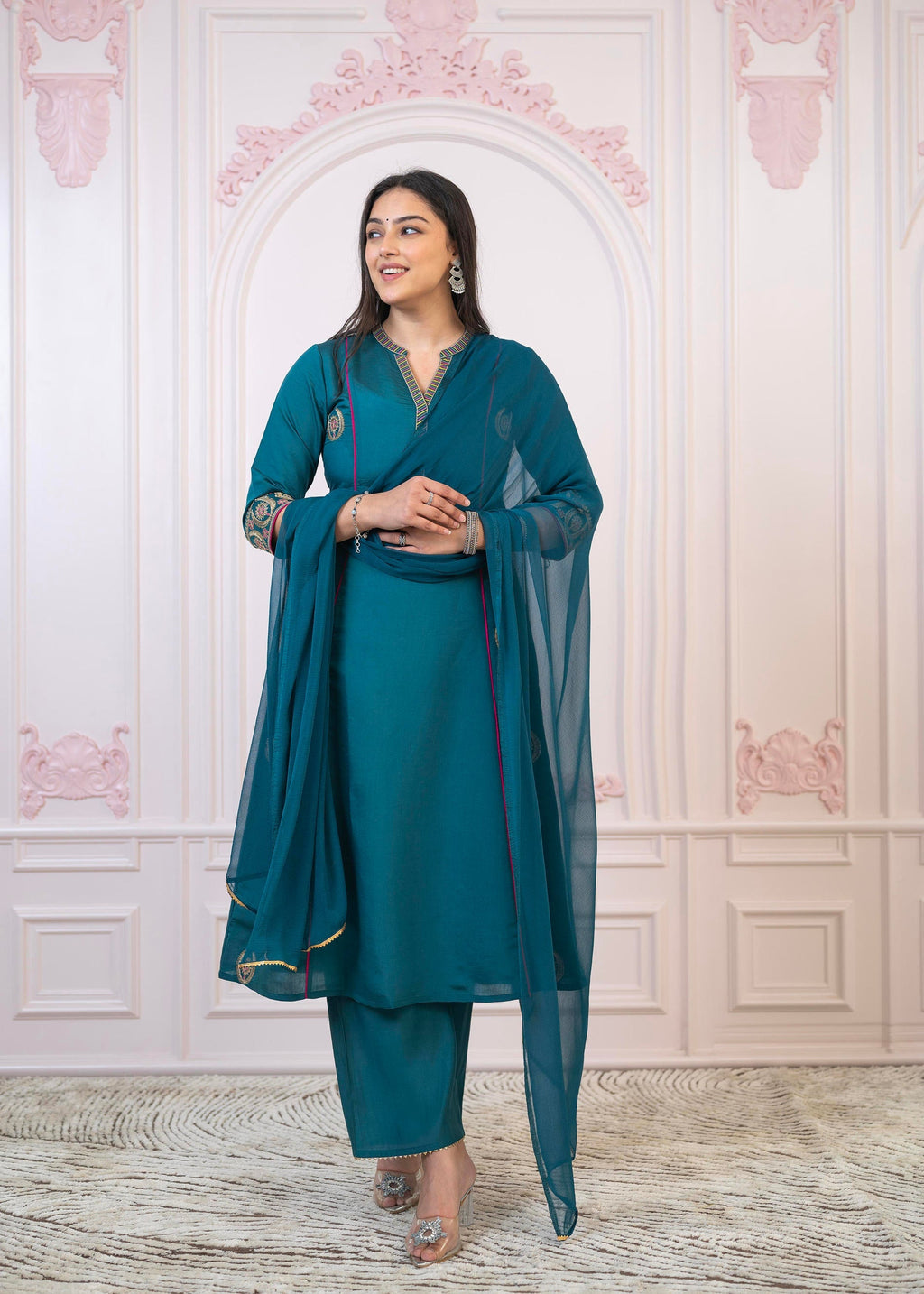 Juniper Teal Festive Kurta Set with Pant & Chiffon Dupatta – Sequin & Zari Detailing - Distacart