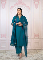 Juniper Teal Festive Kurta Set with Pant & Chiffon Dupatta – Sequin & Zari Detailing - Distacart