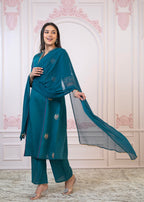 Juniper Teal Festive Kurta Set with Pant & Chiffon Dupatta – Sequin & Zari Detailing - Distacart