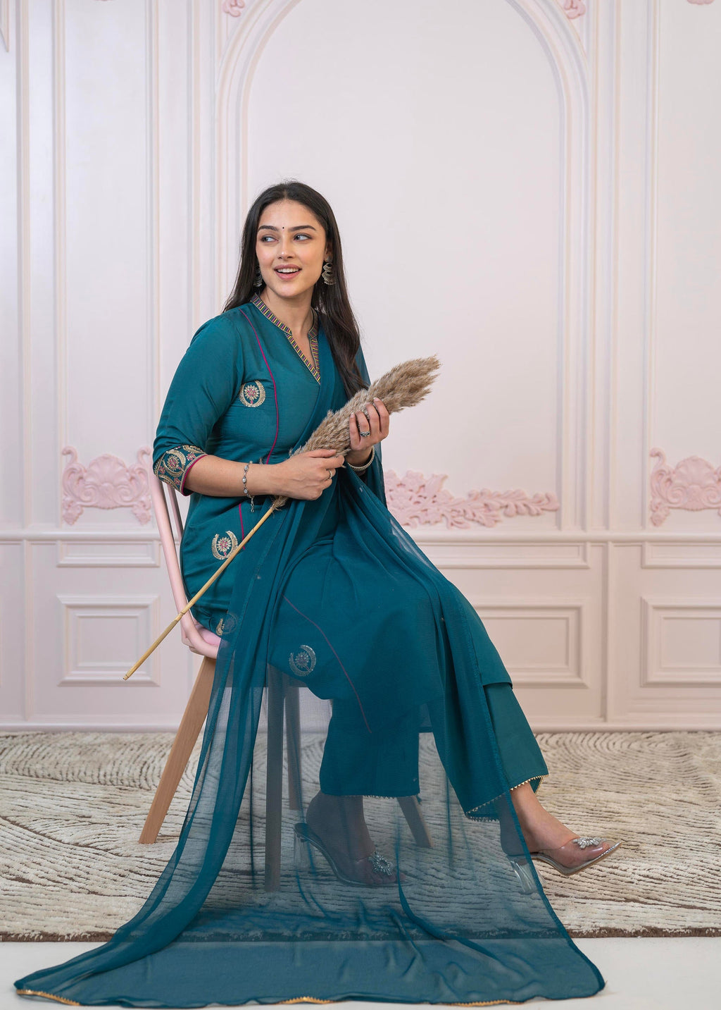 Juniper Teal Festive Kurta Set with Pant & Chiffon Dupatta – Sequin & Zari Detailing - Distacart