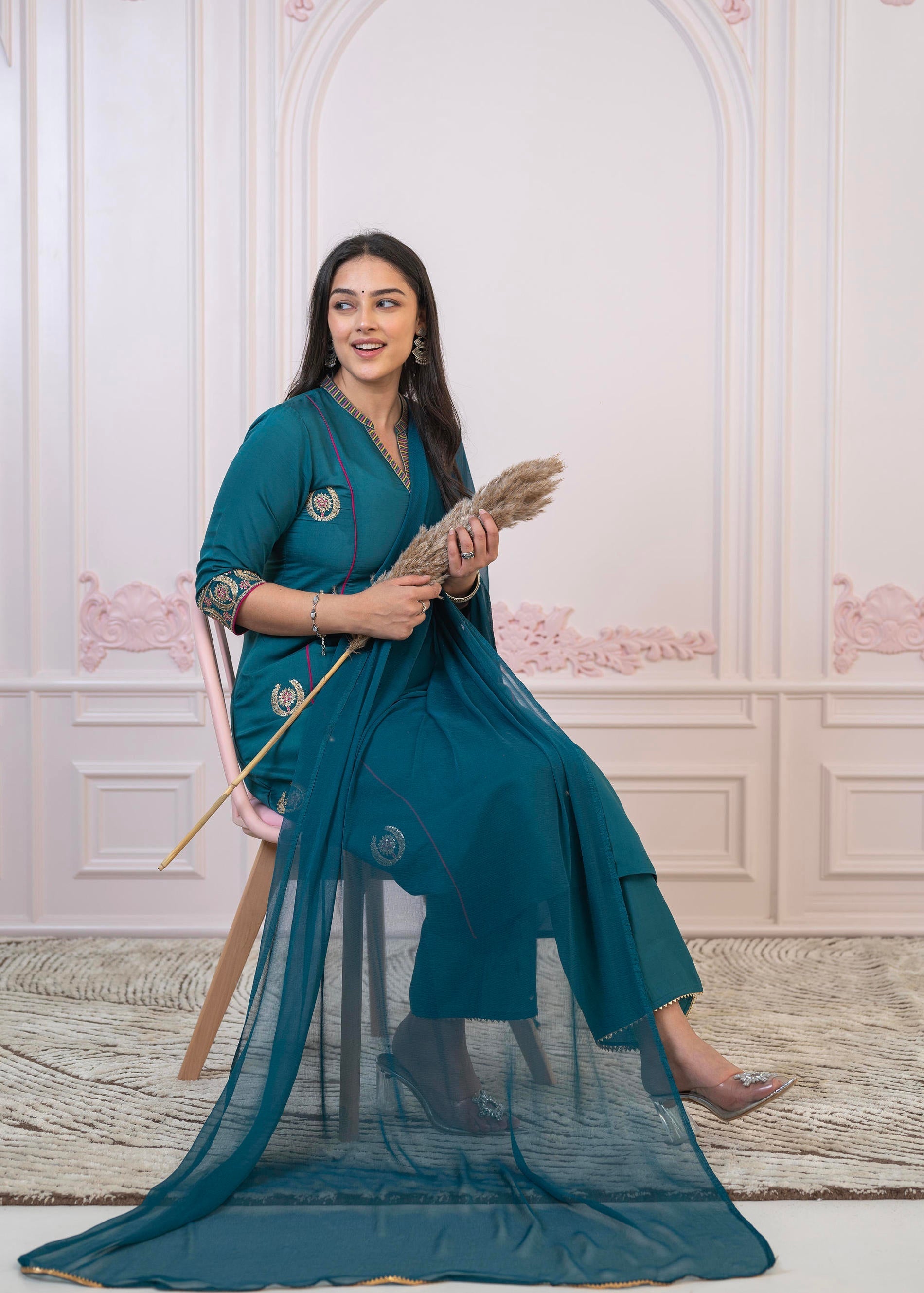 Juniper Teal Festive Kurta Set with Pant & Chiffon Dupatta – Sequin & Zari Detailing - Distacart