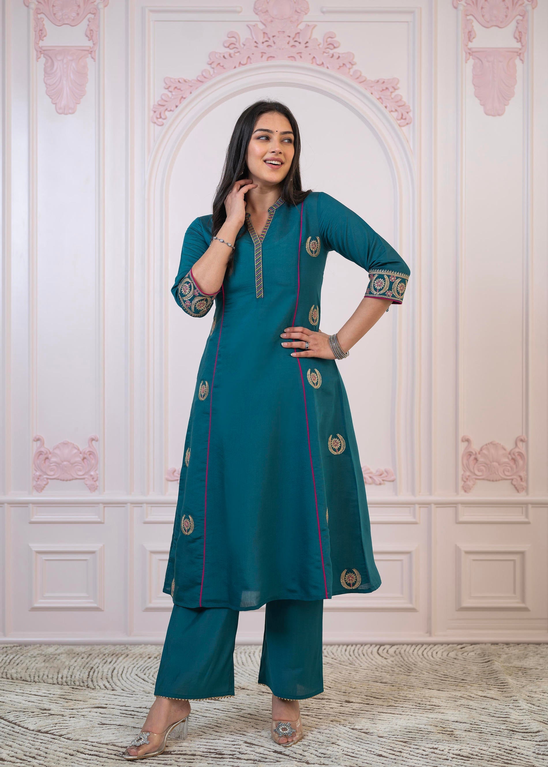 Juniper Teal Festive Kurta Set with Pant & Chiffon Dupatta – Sequin & Zari Detailing - Distacart
