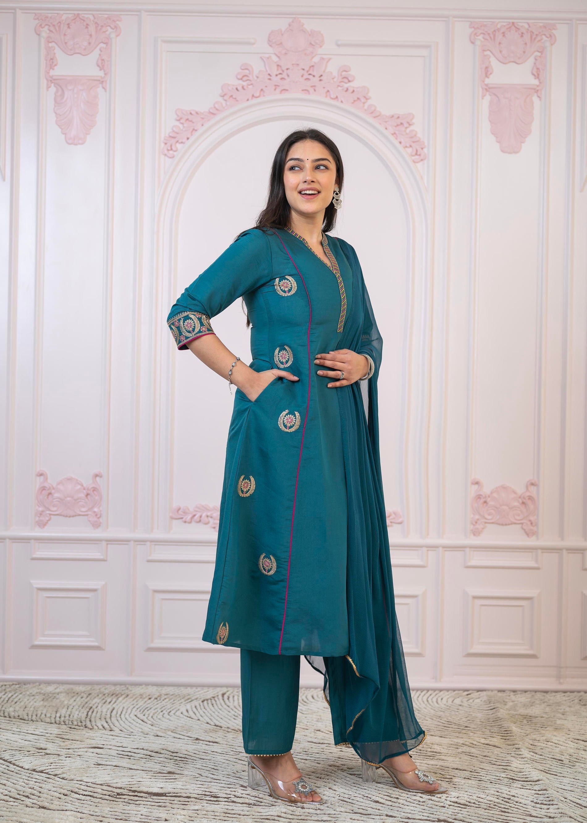 Juniper Teal Festive Kurta Set with Pant & Chiffon Dupatta – Sequin & Zari Detailing - Distacart