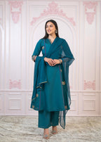 Juniper Teal Festive Kurta Set with Pant & Chiffon Dupatta – Sequin & Zari Detailing - Distacart