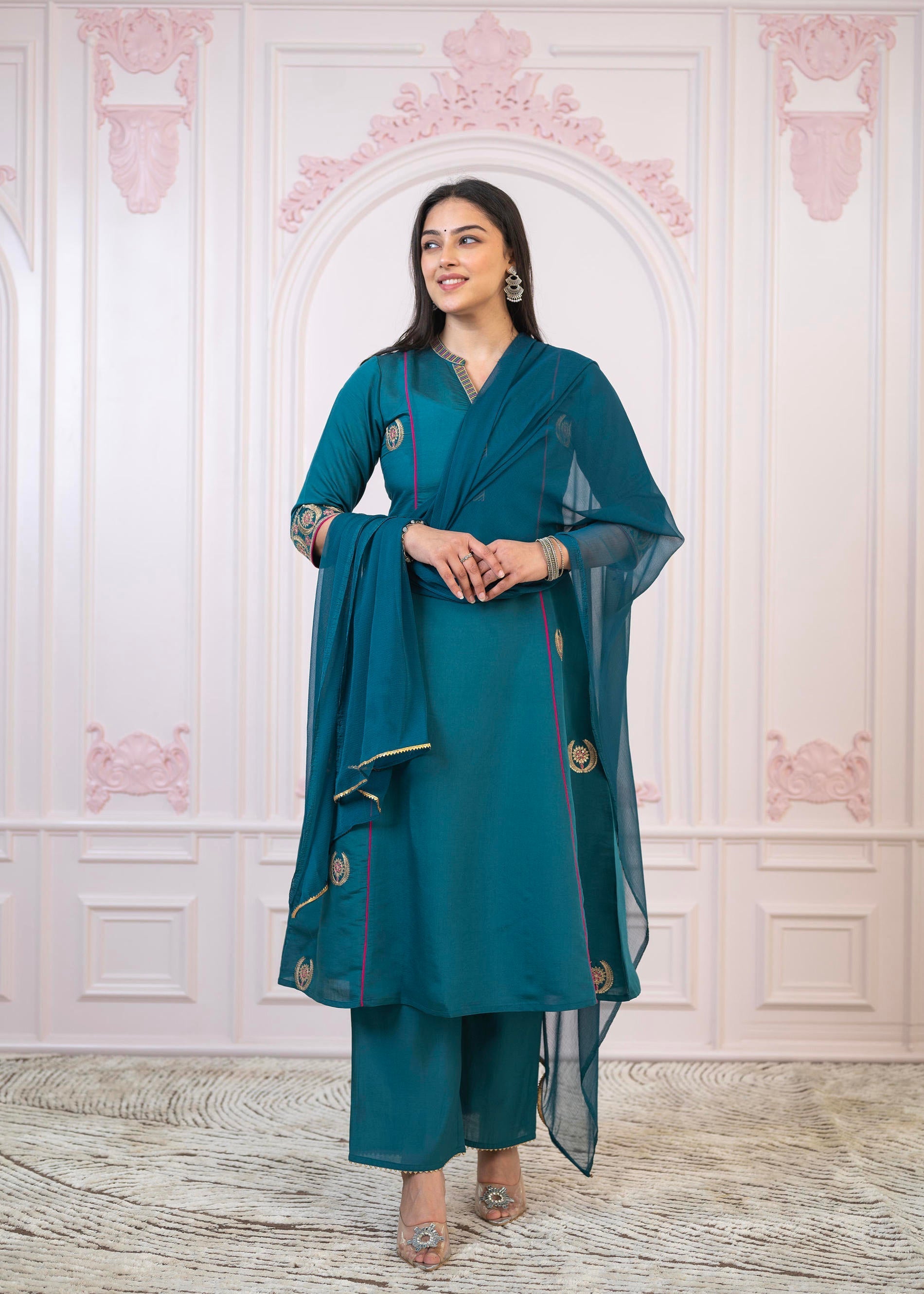 Juniper Teal Festive Kurta Set with Pant & Chiffon Dupatta – Sequin & Zari Detailing - Distacart