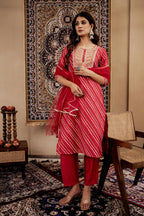 Juniper Maroon Bandhej Print Kurta Set with Embroidered Yoke and Net Dupatta - Distacart