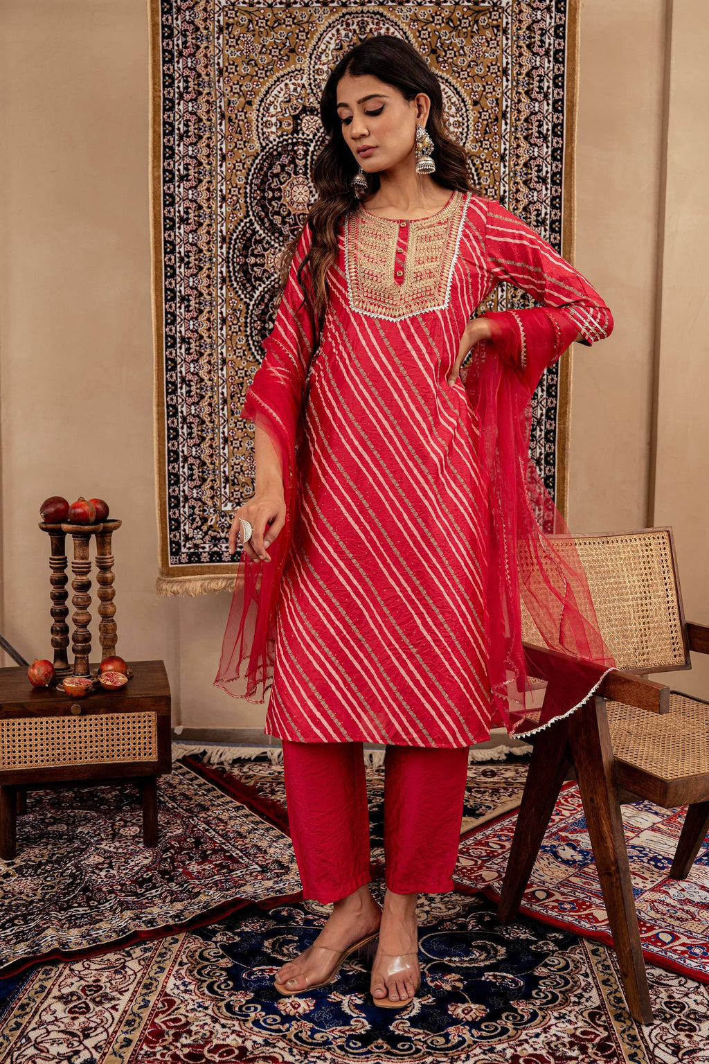 Juniper Maroon Bandhej Print Kurta Set with Embroidered Yoke and Net Dupatta - Distacart