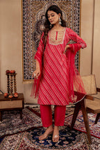 Juniper Maroon Bandhej Print Kurta Set with Embroidered Yoke and Net Dupatta - Distacart