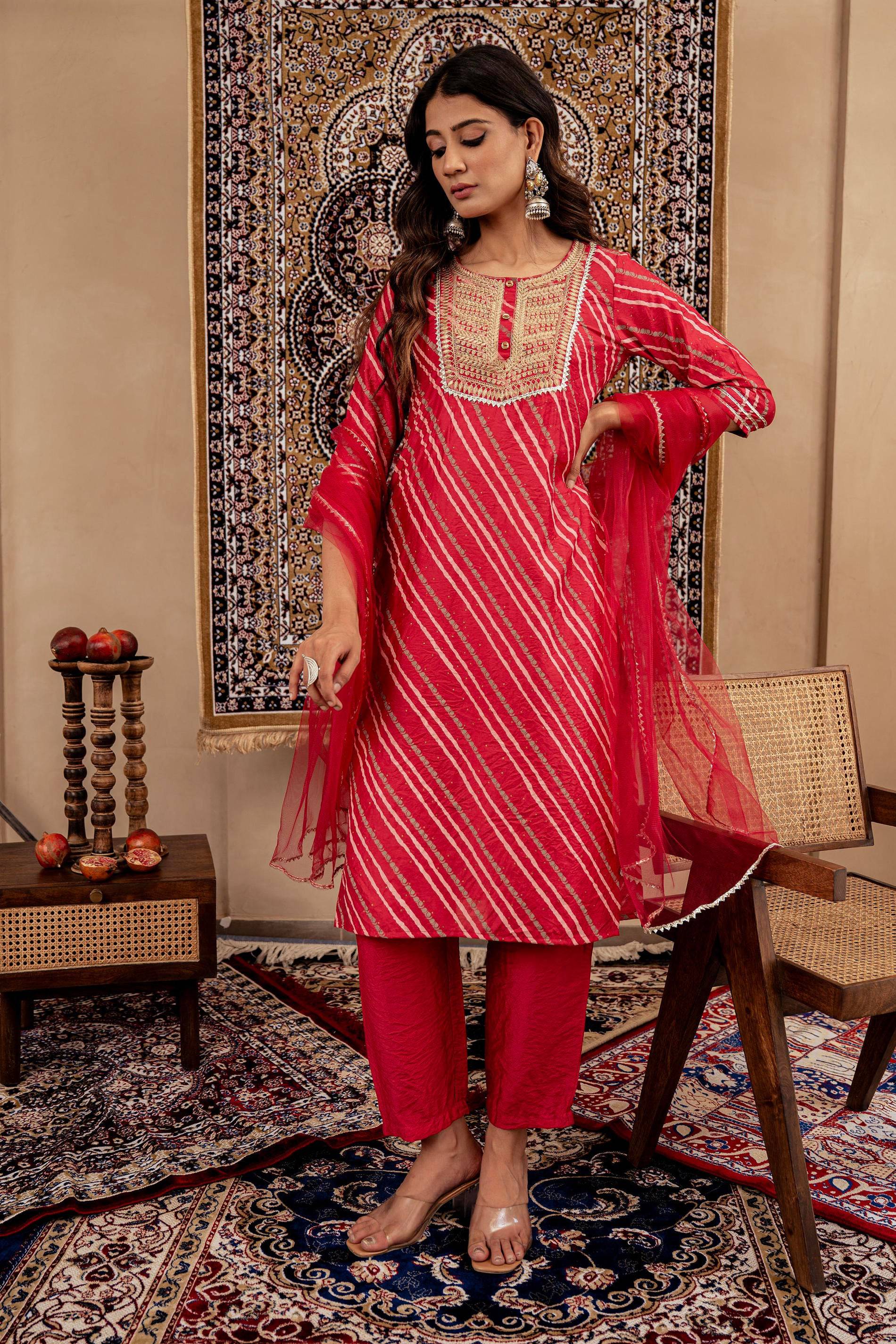 Juniper Maroon Bandhej Print Kurta Set with Embroidered Yoke and Net Dupatta - Distacart