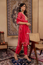 Juniper Maroon Bandhej Print Kurta Set with Embroidered Yoke and Net Dupatta - Distacart