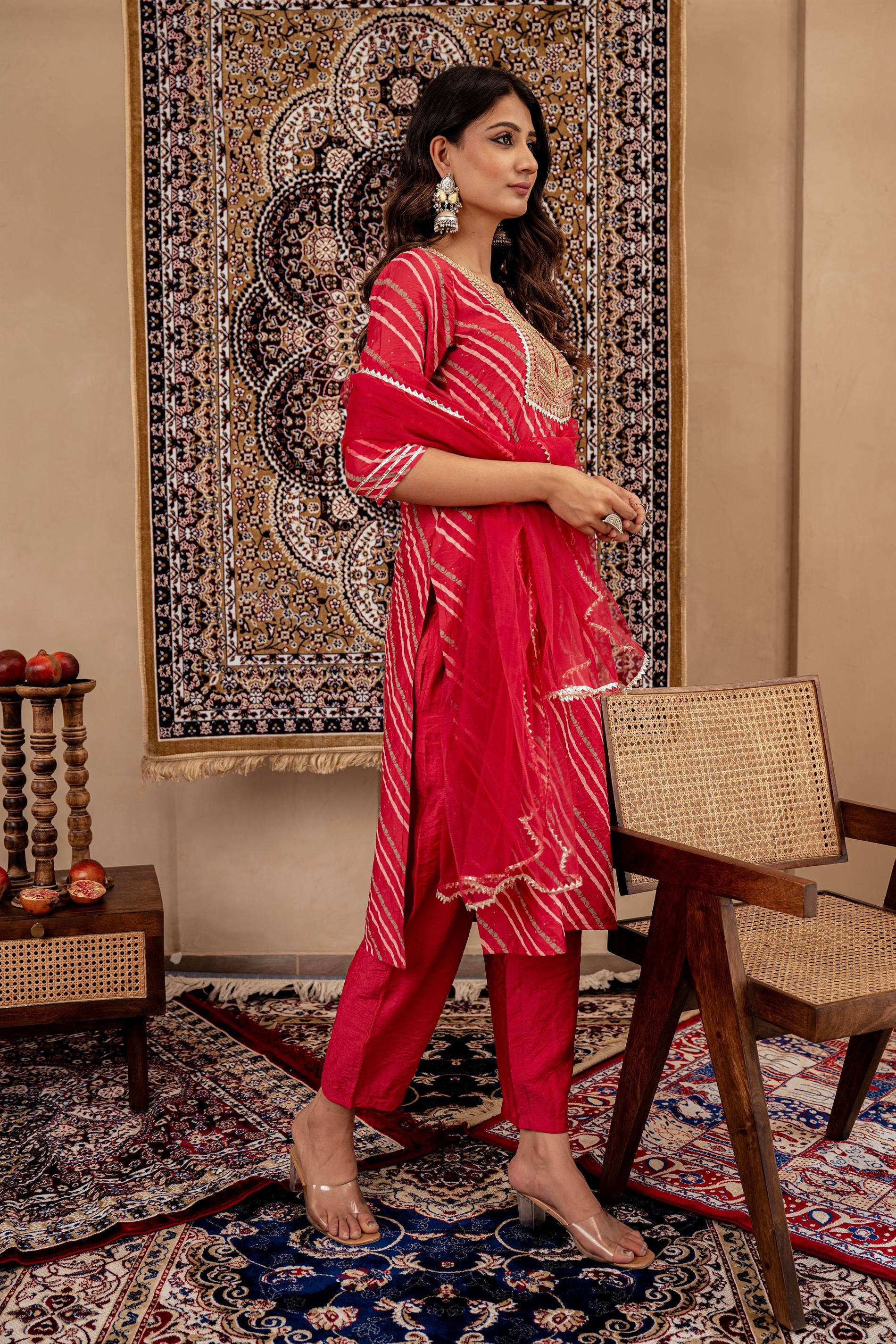 Juniper Maroon Bandhej Print Kurta Set with Embroidered Yoke and Net Dupatta - Distacart
