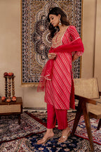 Juniper Maroon Bandhej Print Kurta Set with Embroidered Yoke and Net Dupatta - Distacart