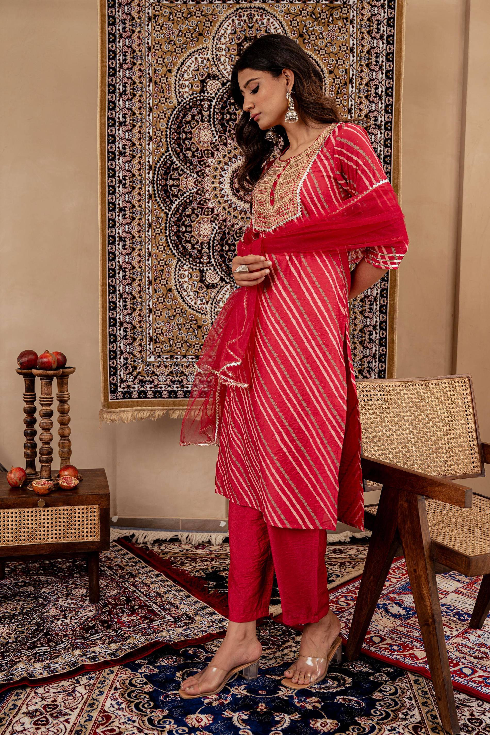 Juniper Maroon Bandhej Print Kurta Set with Embroidered Yoke and Net Dupatta - Distacart
